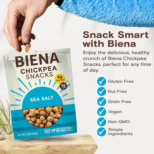 8-Pack, 5 BIENA Chickpea Snacks - Crunchy Roasted Chickpeas - High Fiber Vegan Protein Snacks for Adults and Kids
