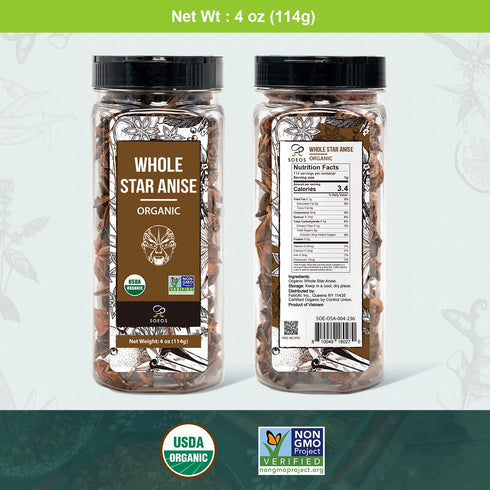 Soeos Organic Whole Star Anise (4 oz) - Chinese Star Anise Pods, Non-GMO Verified for Beverages, Cooking, Baking