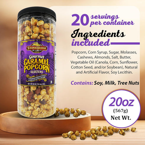 20 oz Stonehedge Farms Gourmet Caramel Popcorn Clusters | Reclosable Container | Mix Of Pop corn, Cashews, Almonds