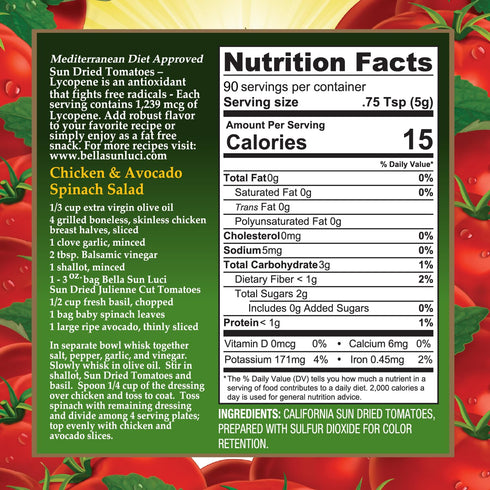 Bella Sun Luci Sun Dried Tomatoes Julienne Cut, Mediterranean Style Sun-Ripened Tomatoes, Kosher, Vegan, Gluten-Free