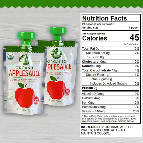 Wellsley Farms 24-Pack (3.2 oz 100% Organic Applesauce Pouches, Each) Real Fruit, No Sugar Added, Gluten-Free, Kosher