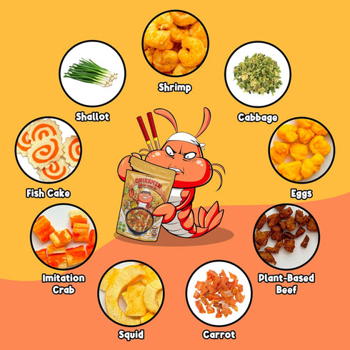 CHIRAMEN Seafood Veggie Mix Dried Ramen Toppings, Shrimp, Fishcake, Imitation Crab, Squid, Plant-Based Beef, Eggs