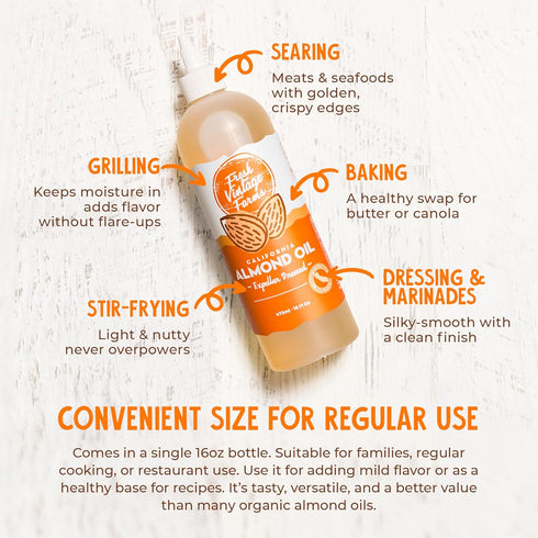 16oz, Pack 1 Fresh Vintage Farms Almond Oil | Expeller-Pressed California Almond Oil | & Versatile Cooking Oil