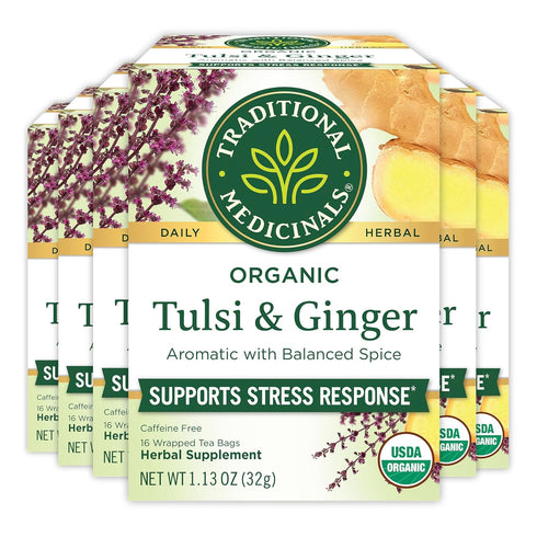 Traditional Medicinals Tea, Organic Tulsi & Ginger, Relieves Stress, Tension, & Irritability,