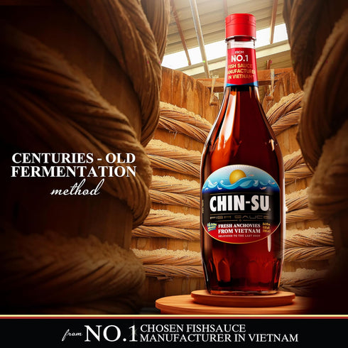 Chin-Su Fish Sauce, Premium Vietnamese Fish Sauce, Fresh Anchovies Salted On Boat, One-Year Aged Anchovy Sauce, Gluten Free 24.3 Oz Bottle