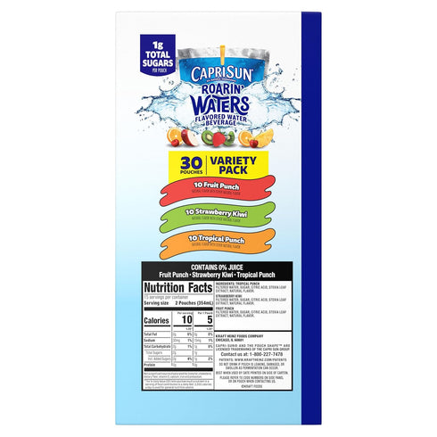 30 6 oz Capri Sun Roarin' Waters Flavored with Other Natural Flavor Water Beverage, Pouches, for School Lunches