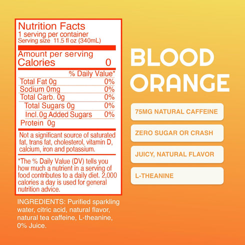 75mg 11.5 oz (Pack 12) PHOCUS Caffeinated Sparkling Water, Blood Orange, Natural Caffeine Plus L-Theanine, Zero Sugar
