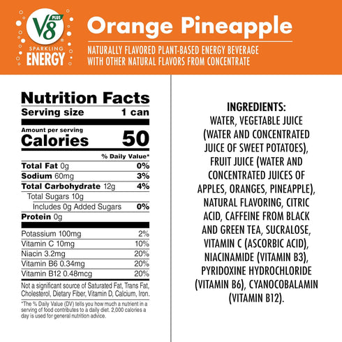 V8 11.5 oz (12 Pack) +Energy Sparkling Orange Pineapple Juice Energy Drink, fl Can