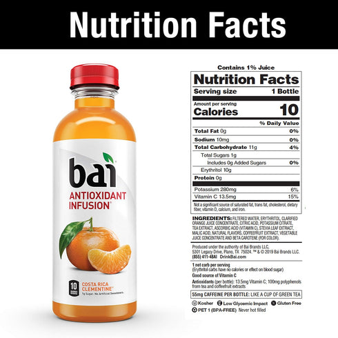 18 (Pack 12) Bai Flavored Water, Costa Rica Clementine, Antioxidant Infused Drinks, Fluid Ounce Bottle