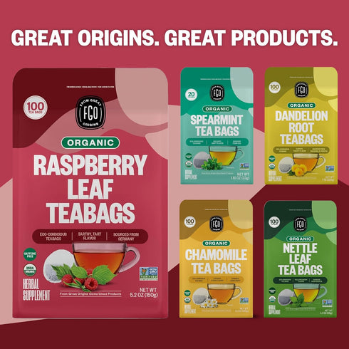 FGO Organic Red Raspberry Leaf Tea Bags - 100 Eco-Conscious, Caffeine Free, Resealable Bag