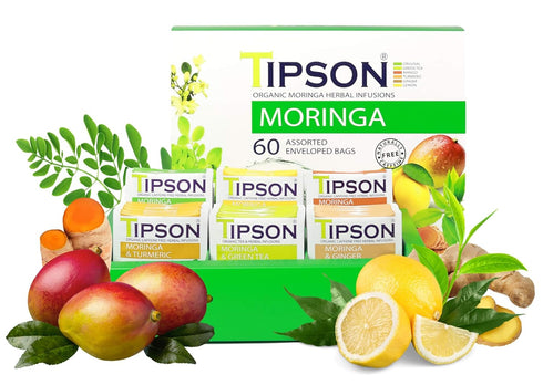 Tipson Organic Moringa Variety Sampler, 6 Flavors (60 Tea Bags), Herbal Tea Infusions, USDA Organic, Non-GMO, Gluten