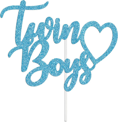 Baby Shower Cake Decor for Boy, Twin Boys Cake Topper, Blue Glitter, Oh Babies/Gender Reveal/Babies 1st Birthday Party