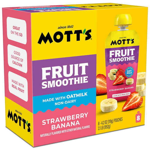 4.2 oz 8 Pack, Motts Fruit Smoothies Strawberry Banana, clear pouches, Non-dairy, Made With Oatmilk, Made With Real