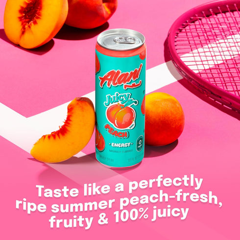 200mg 10 12 Oz 24 Pack Alani Nu JUICY PEACH, Sugar Free, Low Calorie Energy Drinks, Caffeine, Biotin, B Vitamins, Zero