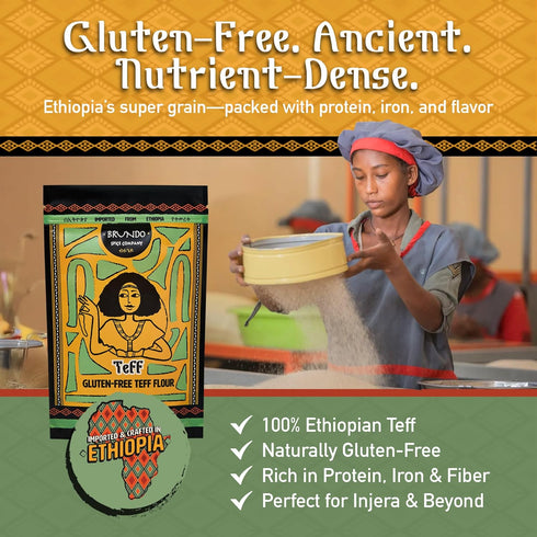 (16oz) Brundo Ethiopian Spice Company | Gluten Free Teff Flour | Hand Picked & Processed Authentic Powdered Ethiopian
