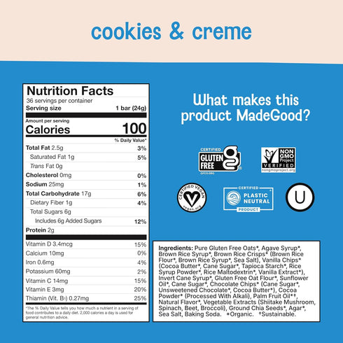 (36 Count, 0.85oz MadeGood Cookies & Creme Granola Bars Each) Contain Nutrients from Vegetables, Gluten Free