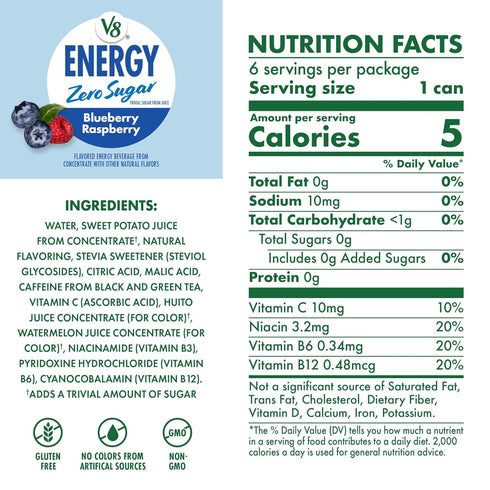 V8 8 oz. (24 Pack) Energy Zero Sugar Blueberry Raspberry, fl. Can
