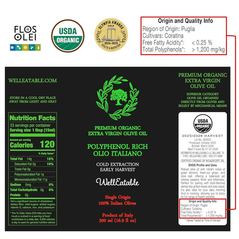 '+1,200 16.9 oz WellEatable High mg/kg Polyphenol Rich Olive Oil, Award-Winning Early Harvest, Organic Extra Virgin