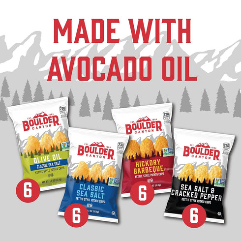 Pack, 24 Count, 1.5oz. Boulder Canyon Kettle Style Potato Chips Variety Assorted Bags, Olive Oil Classic Sea salt