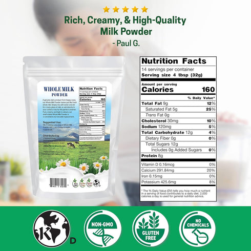 1 lb Z Natural Foods Premium Whole Milk Powder - Powdered Milk for Baking, Cooking, Drinks - Dry Milk Powder