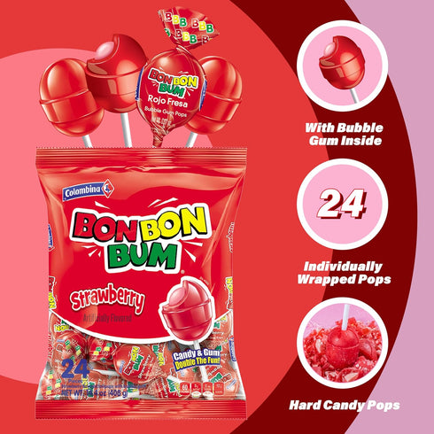 24 Count Colombina Bon Bon Bum Strawberry Lollipops Fruit Hard Candy, Individually Wrapped Sweet Strawberry Pops