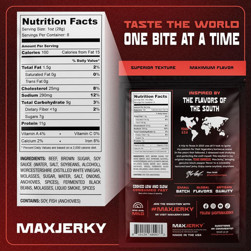88 8 OZ (2 Pack) MaxJerky Texas Barbecue Beef Jerky, Smoked Pepper Flavored Jerky, Grams of Protein