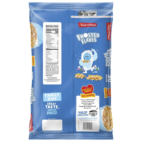 30 oz Malt-O-Meal Frosted Flakes Breakfast Cereal, Family Size, Resealable Bulk Bag