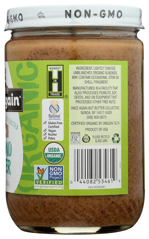 16 oz Once Again Creamy Organic Almond Butter No Sugar, Lightly Toasted - Single Ingredient Nut Butter, No Palm Oil, No