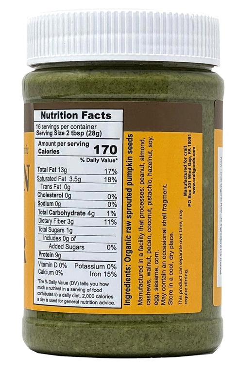 (16 crait Organic Raw Sprouted Pumpkin Seed Butter, Single Ingredient, No Sugar, No Salt, Vegan, Palm-Oil Free, Gluten