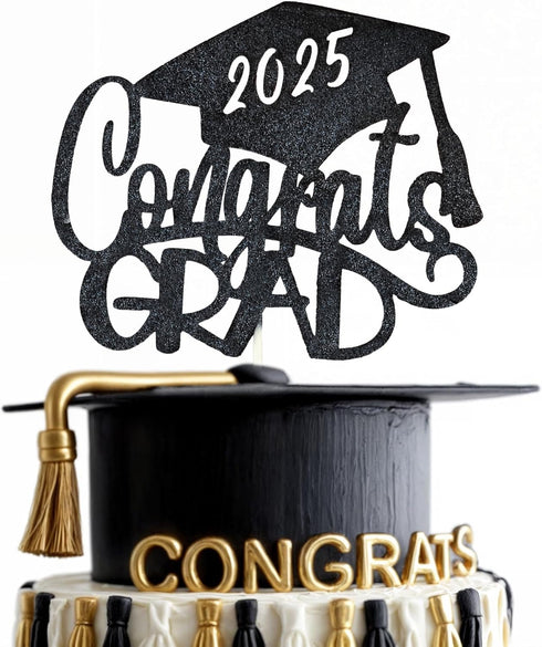 Congrats Grad Cake Topper - Black Glitter 2025 with Graduation Cap - 2025 Graduation Party Decorations