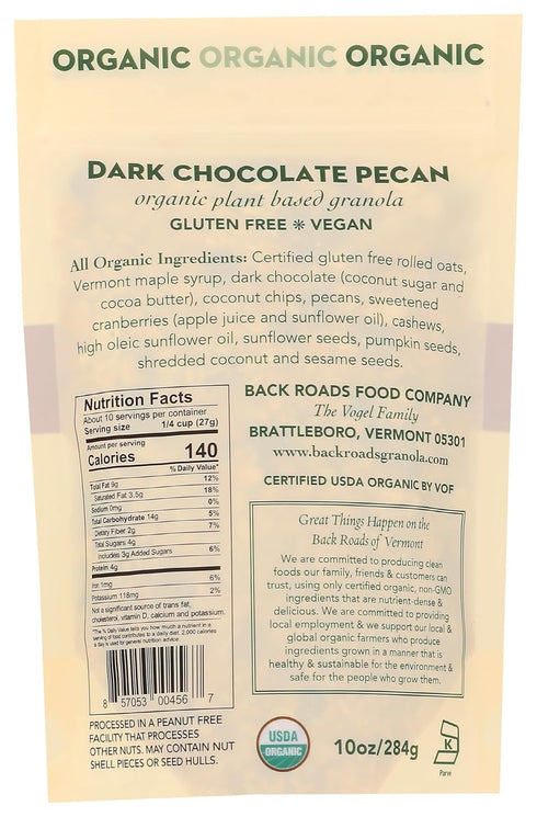 BACK ROADS 10 OZ Organic Dark Chocolate Pecan Granola