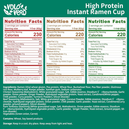 (32g) 6 Packs VOLO VERO High Protein Instant Ramen Soup Cup Variety Flavor (Chicken, Spicy Beef, Pork Tonkotsu)