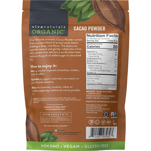 Viva Naturals Organic Cacao Powder, 8 oz Unsweetened Cocoa Powder for Baking & Smoothies, Certified Vegan