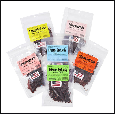 Pack 6 Pack Jerky Dynasty Fatman's Beef Jerky Variety - Flavors Including Spicy Habanero, Green Chile & Savory Garlic