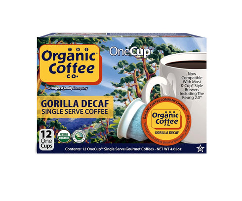 The Organic Coffee Co. Gorilla Decaf Compostable Coffee Pods (12 Ct) - K Cup Compatible, Medium Roast, USDA Organic