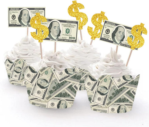 The DaPai 48Pcs 100 Set Dollar Bill Cupcake Wrappers and Toppers Currency Symbol Cupcake Holders with Treat Picks Kit