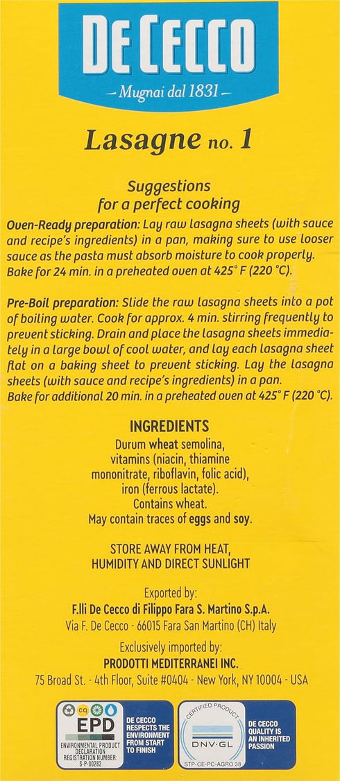 No.1, 1 De Cecco Semolina Pasta, Lasagne Pound