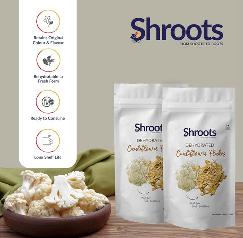 (100g 3.5 oz, Pack SHROOTS Dehydrated Cauliflower Flakes Air Dried Dehydrated Vegetable, Gluten Free, Pure Veg, No