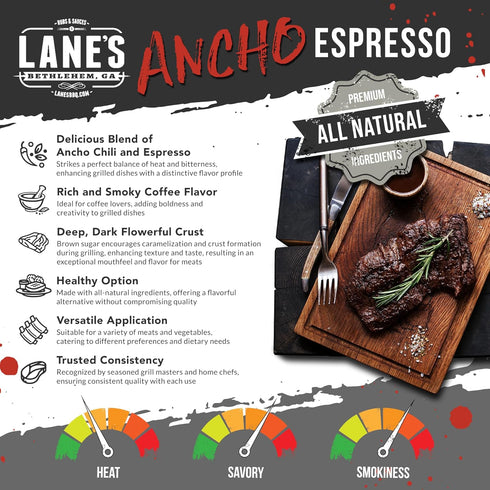 4.0 oz Lane's Ancho Espresso Coffee Rub, - All Natural BBQ Rub Steak Seasoning with Ancho Chili & Espresso - Creates