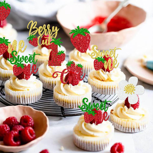 Rsstarxi 30 Pack 1st Sweet One Cupcake Toppers Berry First Birthday Decorations Glitter Strawberry Birthday Cupcake