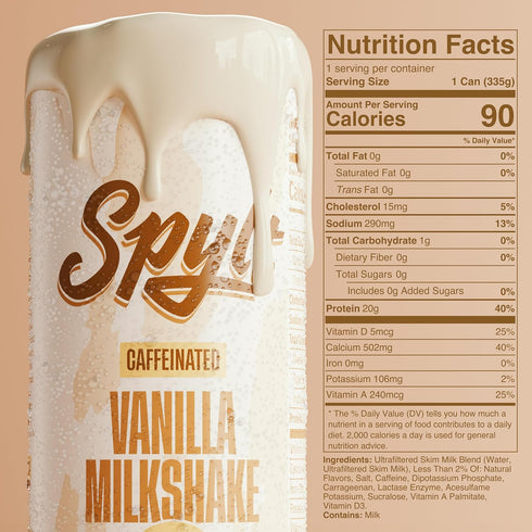 60mg 20g 90 12 Count Spylt High Protein Vanilla Milkshake with Caffeine & Protein - Calories, Ready to Drink, Sugar