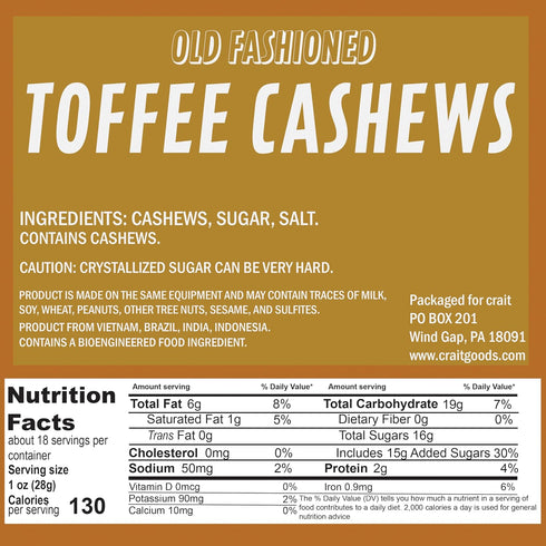 18 Toffee Cashews Ounce Bulk Bag, Sweet Crunchy Candied Roasted Cashews in Resealable Bag
