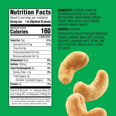 (1-Pack) 5 Oz Emerald Nuts Jalapeno Seasoned Cashews | Resealable Bag | Plant-Based Protein, Kosher Certified, Non-GMO