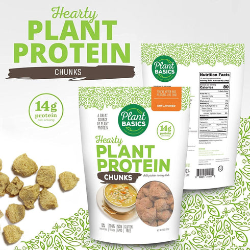 1 lb, Plant Basics - Hearty Plant Protein - Unflavored Chunks, Non-GMO, Gluten Free, Low Fat, Low Sodium, Vegan, Meat