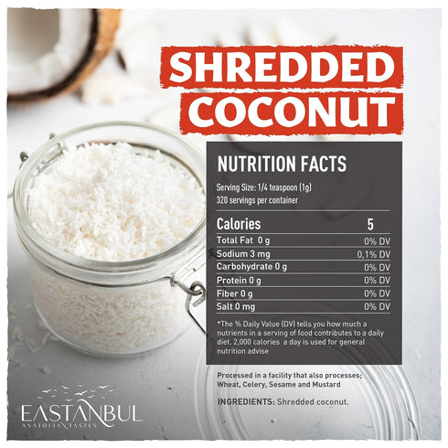 11.3oz, 100% Eastanbul Shredded Coconut, Unsweetened Coconut Flakes, Natural Shreds, Finely Shredded, Desiccated