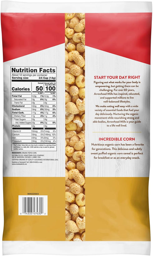 6 (Pack 2) Arrowhead Mills Organic Puffed Corn Cereal, Ounce of with Cereal Bowl