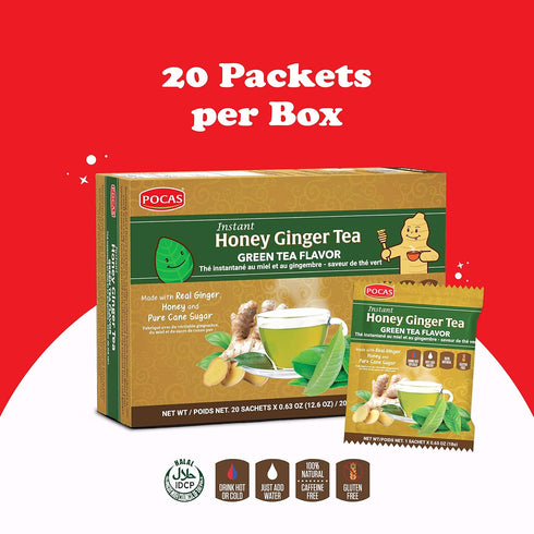 Pocas 20 Packets Honey Ginger Instant Tea Powder, Green Tea Flavor, Ginger Extract & Real Sweetener, per Box