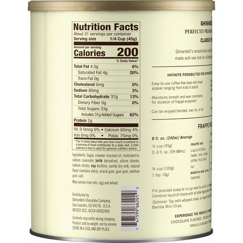 3.12 lb Ghirardelli Classic White Premium Frapp Mix, Can with Ghirardelli Stamped Barista Spoon