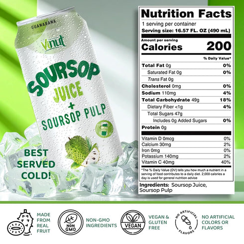 100% (16.57 oz, Pack 12), Vinut Soursop Juice With Pulp fl No Sugar Added, Real Guanabana Soursop Graviola Drink