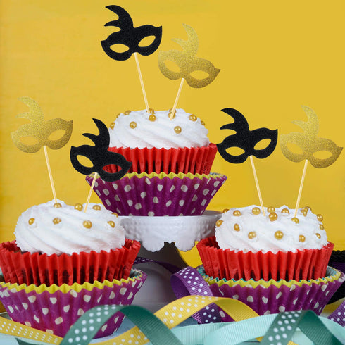 48 Pieces Masquerade Mask Cupcake Toppers, Black Gold Glitter for Bachelorette Party, Mardi Gras Cake Decorations